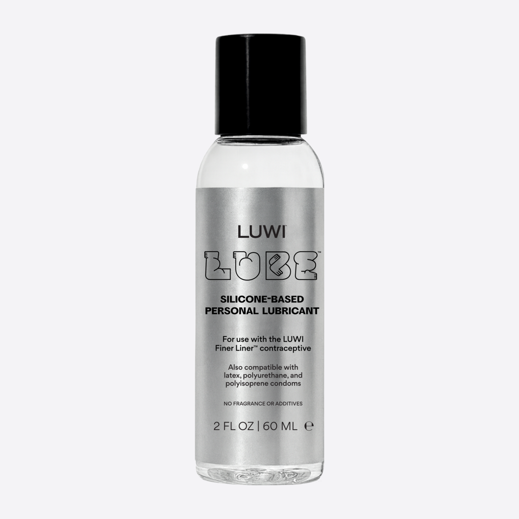 Bottle of LUWI silicone-based personal lubricant on a white background